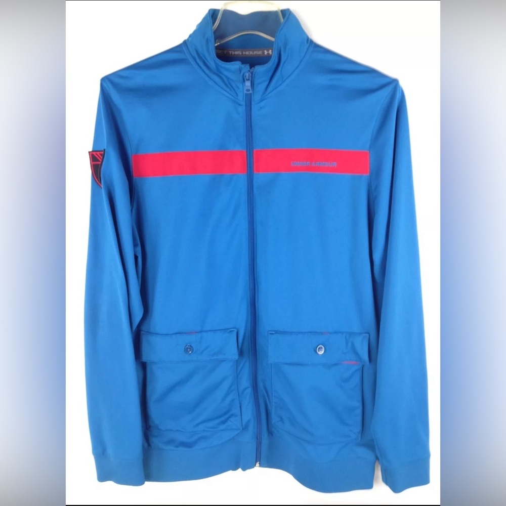 Under Armour Loose Coldgear Jacket Mens Blue Red Trim Full Zip Logo Patch Size L